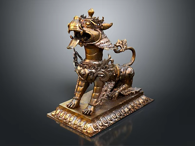 Traditional Golden Mythical Beast Statue With Intricate Decorations On Ornate Base 3d model