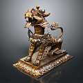 Traditional Golden Mythical Beast Statue With Intricate Decorations On Ornate Base