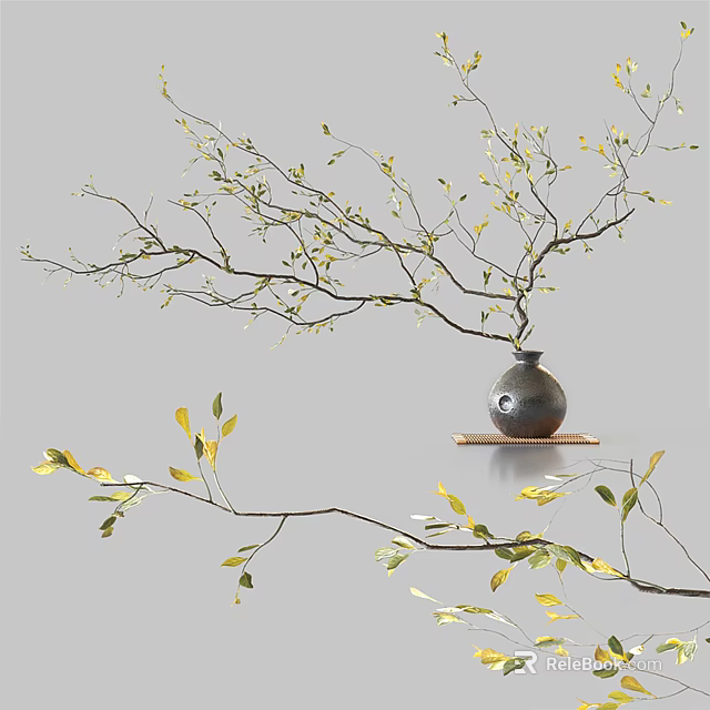 Elegant Dark Vase with Yellow Leaf Branches on Mat in Gray Interior 3d model 