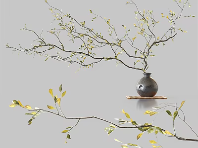 Elegant Dark Vase with Yellow Leaf Branches on Mat in Gray Interior 3d model