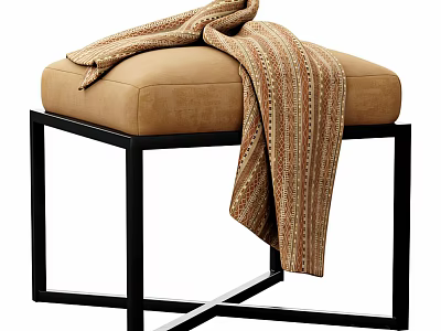 Modern Stool With Black Metal Frame And Beige Padded Seat With Striped Blanket 3d model