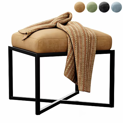Modern Stool With Black Metal Frame And Beige Padded Seat With Striped Blanket 3d model