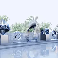 Modern Landscape Sculptures Featuring Spiral Fan Shaped And Geometric Designs With Trees And Stone Wall