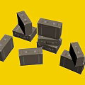 Brown Cardboard Boxes With White Edges And Handles Stacked And Scattered On Gray Background
