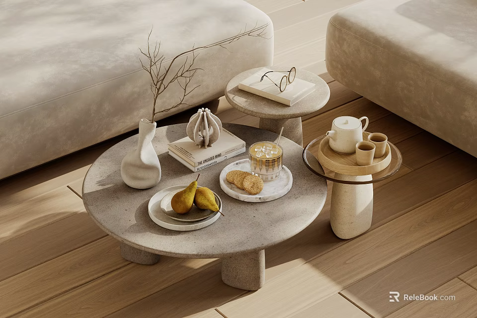 Round Modern Coffee Table With Vase Books Pears Cups Side Table Light Sofa Wooden Floor 3d model 