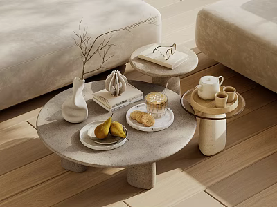 Round Modern Coffee Table With Vase Books Pears Cups Side Table Light Sofa Wooden Floor 3d model