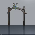 Wooden Swing Door With Decorative Cross Beams And Colorful Circular Panel