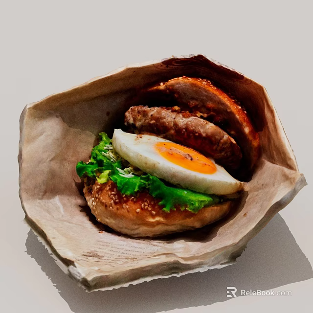 Delicious Hamburger With Sesame Bun Fried Egg And Fresh Lettuce Served In Paper Wrapper 3d model 