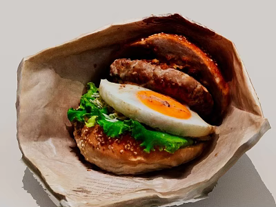Delicious Hamburger With Sesame Bun Fried Egg And Fresh Lettuce Served In Paper Wrapper 3d model