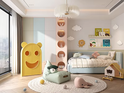 Playful Kids Room Interior With Soft Bed Cloud Decor And Colorful Toy Storage 3d model