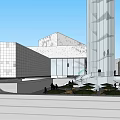Modern Architectural Building With Geometric White Facade Glass Curtain Wall And Urban Plaza
