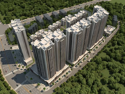 Aerial View Planning of Residential Area With High Rise Buildings and Greenery 3d model