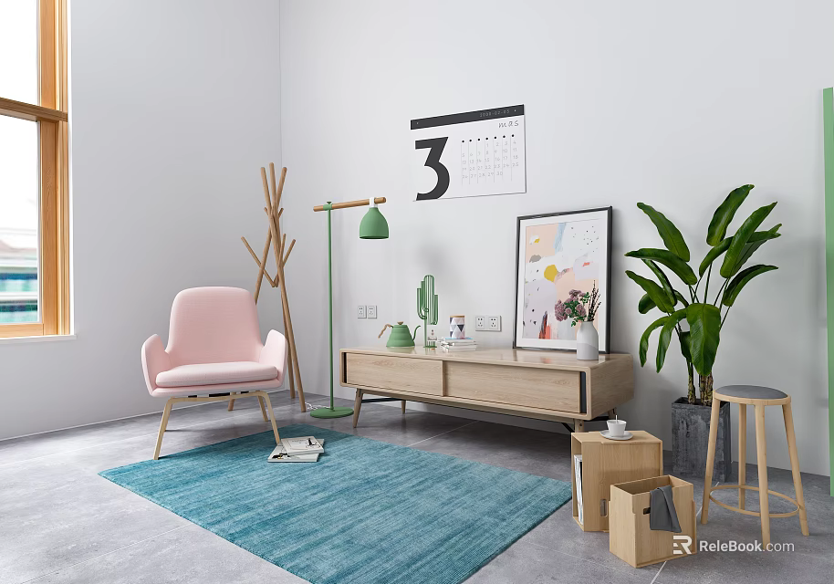 Modern Living Room TV Stand With Pink Chair Floor Lamp And Green Plant 3d model 