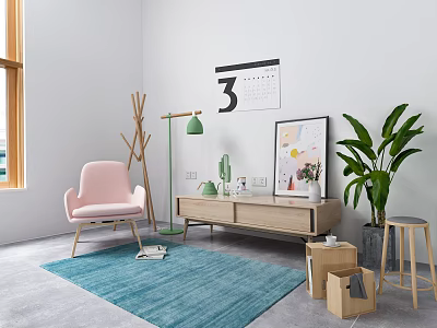 Modern Living Room TV Stand With Pink Chair Floor Lamp And Green Plant 3d model