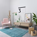 Modern Living Room TV Stand With Pink Chair Floor Lamp And Green Plant