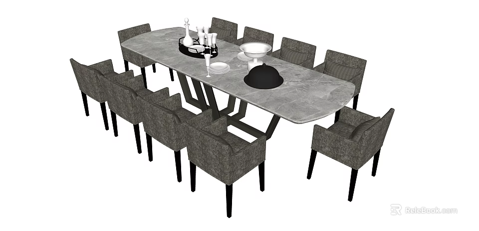Modern Rectangular Marble Top Dining Table Set With Gray Upholstered Chairs And Tabletop Decor 3d model