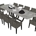 Modern Rectangular Marble Top Dining Table Set With Gray Upholstered Chairs And Tabletop Decor 3d model