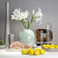 Decorative Ornament Set with Light Green Vase White Lilies Transparent Glass Bottle Yellow Lemons and Woven Basket