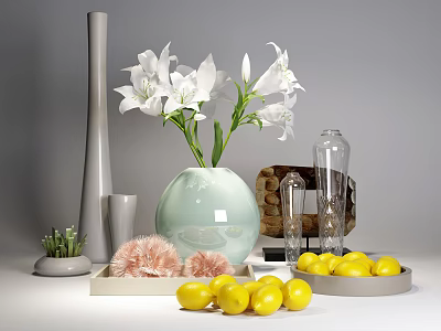 Decorative Ornament Set with Light Green Vase White Lilies Transparent Glass Bottle Yellow Lemons and Woven Basket 3d model