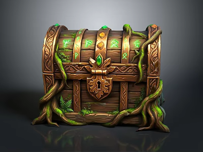 Decorative Wooden Treasure Chest With Brass Accents Intricate Lock Green Vines And Gemstones 3d model