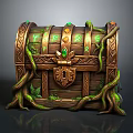 Decorative Wooden Treasure Chest With Brass Accents Intricate Lock Green Vines And Gemstones
