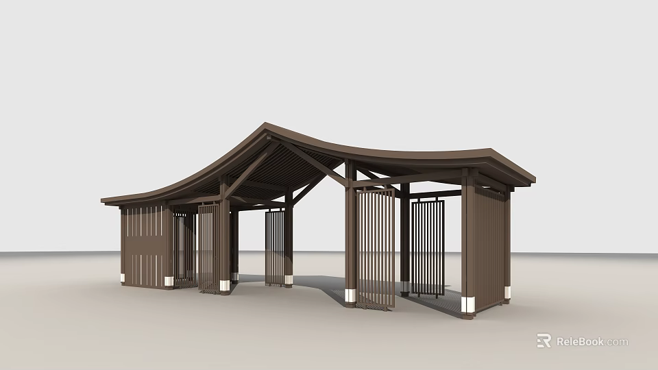 Traditional Garden Landscape With Wooden Pavilion Curved Roof And Grille Doors 3d model 