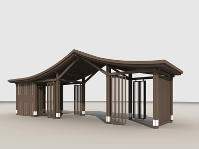 Traditional Garden Landscape With Wooden Pavilion Curved Roof And Grille Doors 3d model