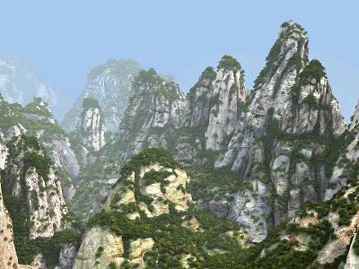 Scenic Garden Landscape Featuring Steep Rocky Peaks Lush Green Vegetation And Blue Sky 3d model