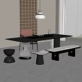 Modern Minimalist Tea Table and Chairs Interior with Bench Stools and Tea Set 3d model