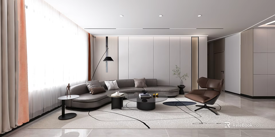 Modern Living Room Interior With Gray L shaped Sofa Round Coffee Table Brown Armchair And Rug 3d model 