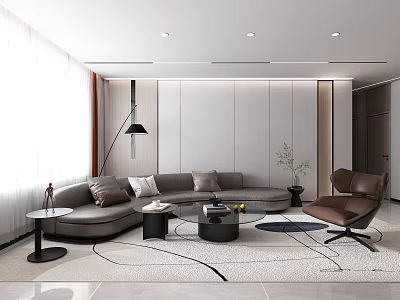 Modern Living Room Interior With Gray L shaped Sofa Round Coffee Table Brown Armchair And Rug 3d model