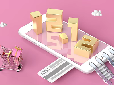 1212 Shopping Festival Smartphone Display With Shopping Cart Gift Box And ATM Card 3d model
