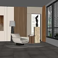 Modern White Leisure Chair in Living Room with Wooden Accents Round Rug Floor Lamp Window