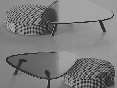 Modern Triangular Glass Coffee Tables With Round Checkered Ottoman Seats 3d model