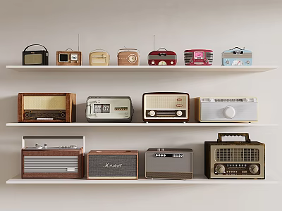 Vintage Radios Collection Displayed On White Shelves With Retro Design 3d model