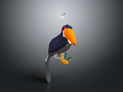 Low Poly Style Toucan with Vibrant Orange Yellow Beak and Dark Body on Gray Background 3d model