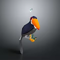 Low Poly Style Toucan with Vibrant Orange Yellow Beak and Dark Body on Gray Background