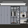 Modern Gray Wardrobe Interior With Glass Door Hanging Clothes Drawers Open Shelves And Dressing Table