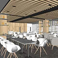 Modern Casual Lounge Area With Wooden Ceiling White Chairs Gray Sofas And Bookshelves