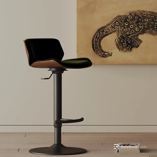 Modern Black Velvet Bar Stool with Adjustable Metal Frame and Elephant Wall Art 3d model 