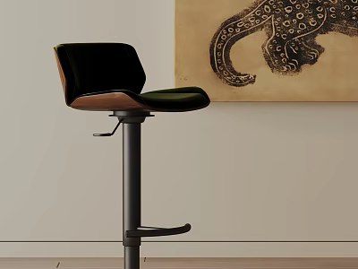 Modern Black Velvet Bar Stool with Adjustable Metal Frame and Elephant Wall Art 3d model