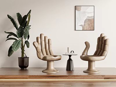 Beige Modern Accent Chairs With Green Plant Small Side Table And Decorative Wall Art 3d model