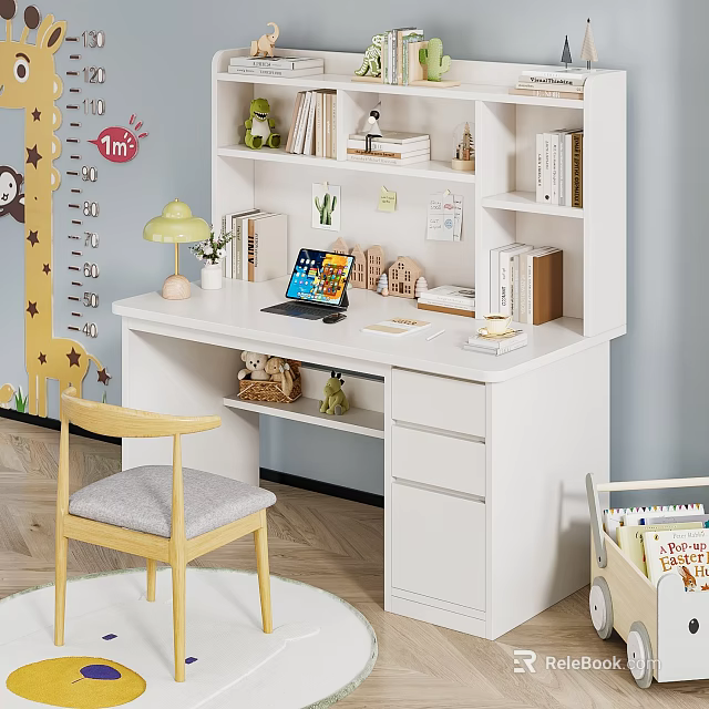 White Kids Desk and Chair Set in Home Study Area With Bookshelf Lamp and Laptop 3d model 