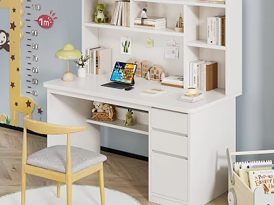 White Kids Desk and Chair Set in Home Study Area With Bookshelf Lamp and Laptop 3d model