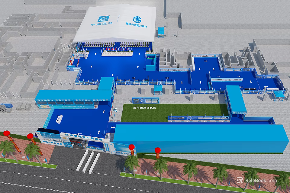 Aerial Planning of Large Blue Sports Complex With White Roof Stands and Green Lawn Area 3d model 