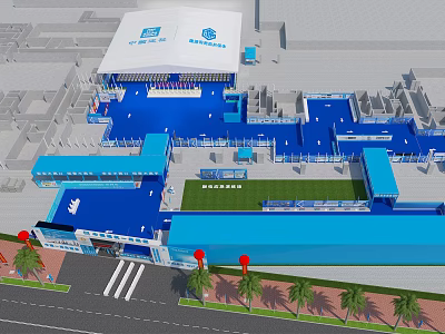 Aerial Planning of Large Blue Sports Complex With White Roof Stands and Green Lawn Area 3d model