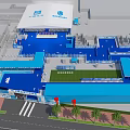 Aerial Planning of Large Blue Sports Complex With White Roof Stands and Green Lawn Area