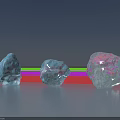 Three Transparent Stone and Wood Decor Pieces on Red Platform with Gradient Background