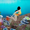 Game Movie Character in Yellow Swimsuit Leaping Backward in Underwater Scene with Coral and Jellyfish