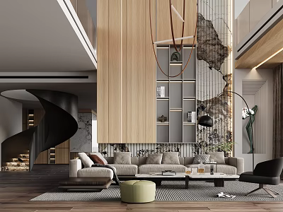 Modern Duplex Living Room Interior With Spiral Staircase Wooden Wall Sofa And Coffee Table 3d model